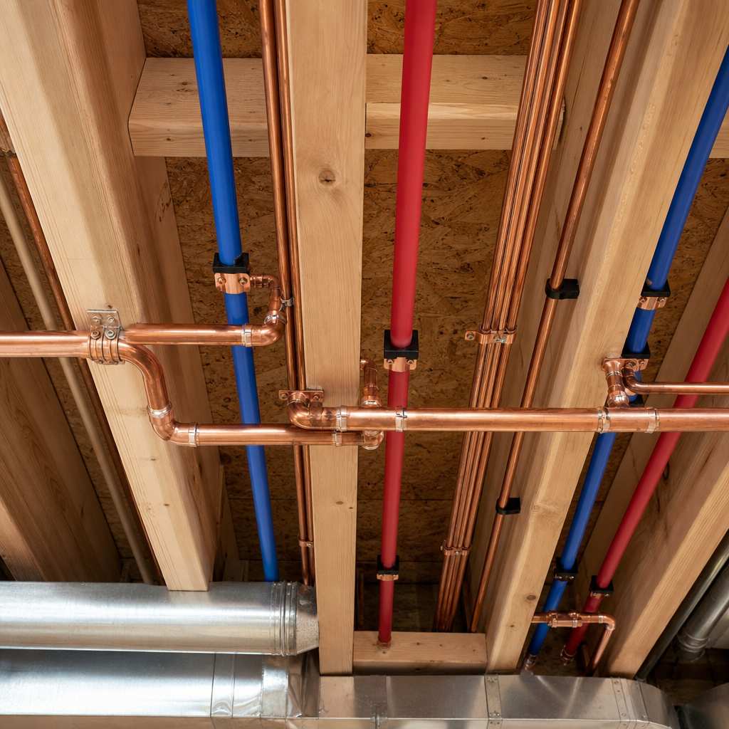 Copper and PEX piping routed cleanly along basement floor joists