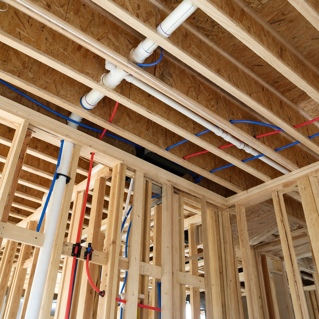 Plumbing supply and drain lines roughed in through the framing