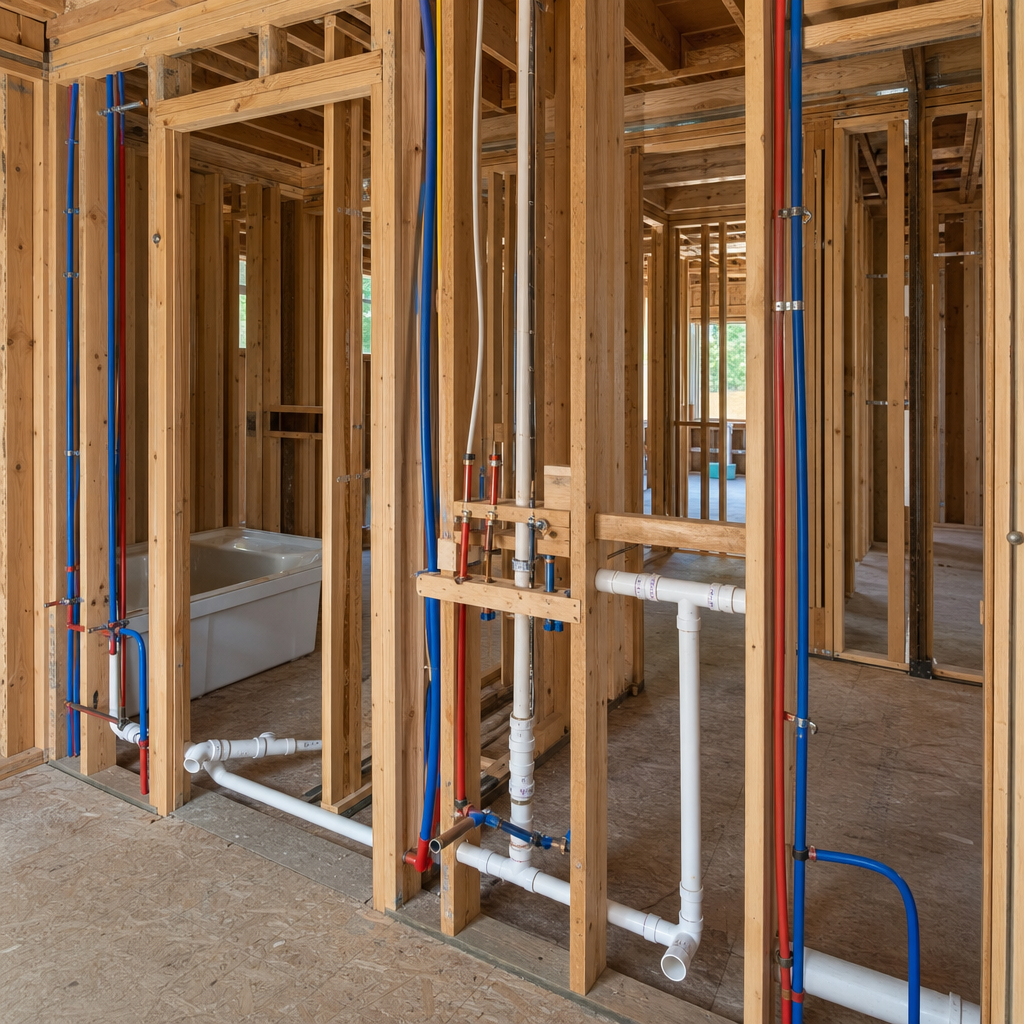 Plumbing supply and drain lines roughed in through a Berthoud home