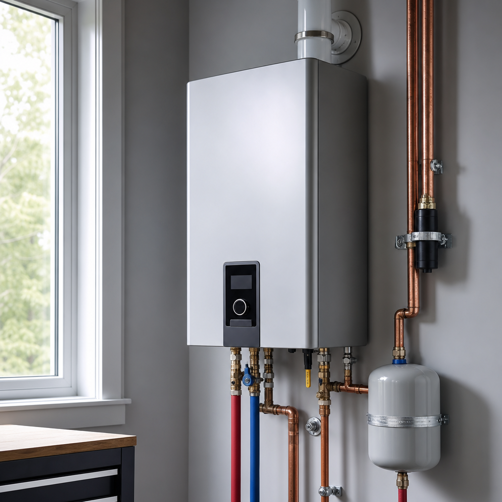 Wall-mounted tankless water heater installed on a new build
