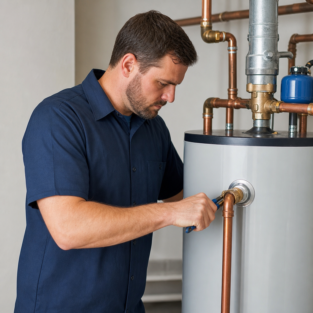 Plumber connecting a newly installed water heater